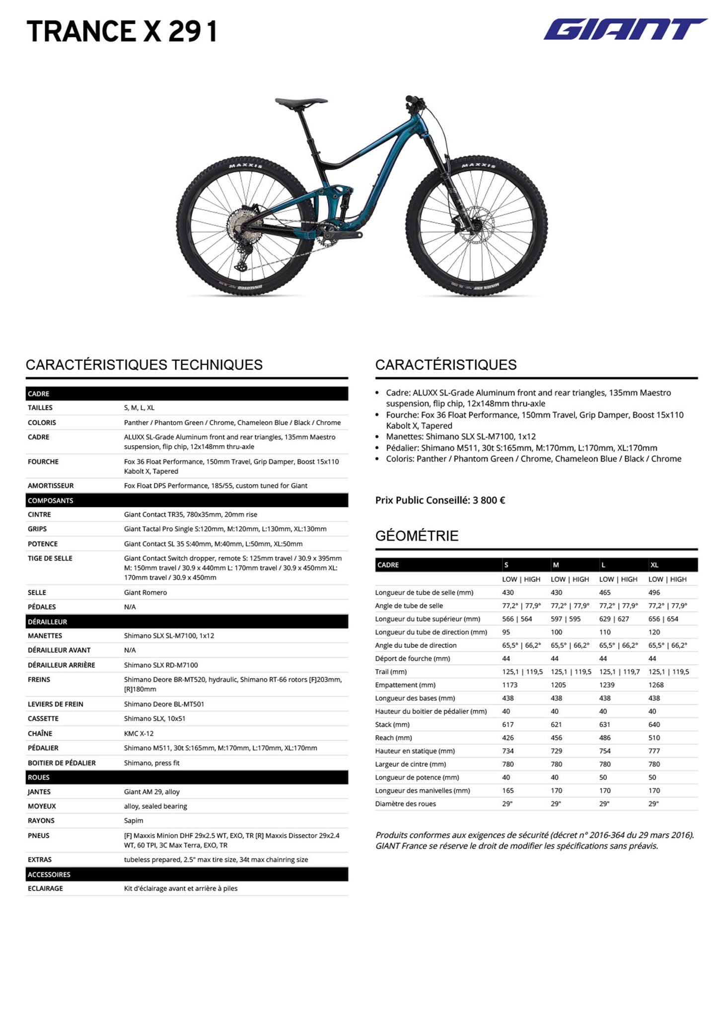 Fiche technique du velo Trance X 29 1